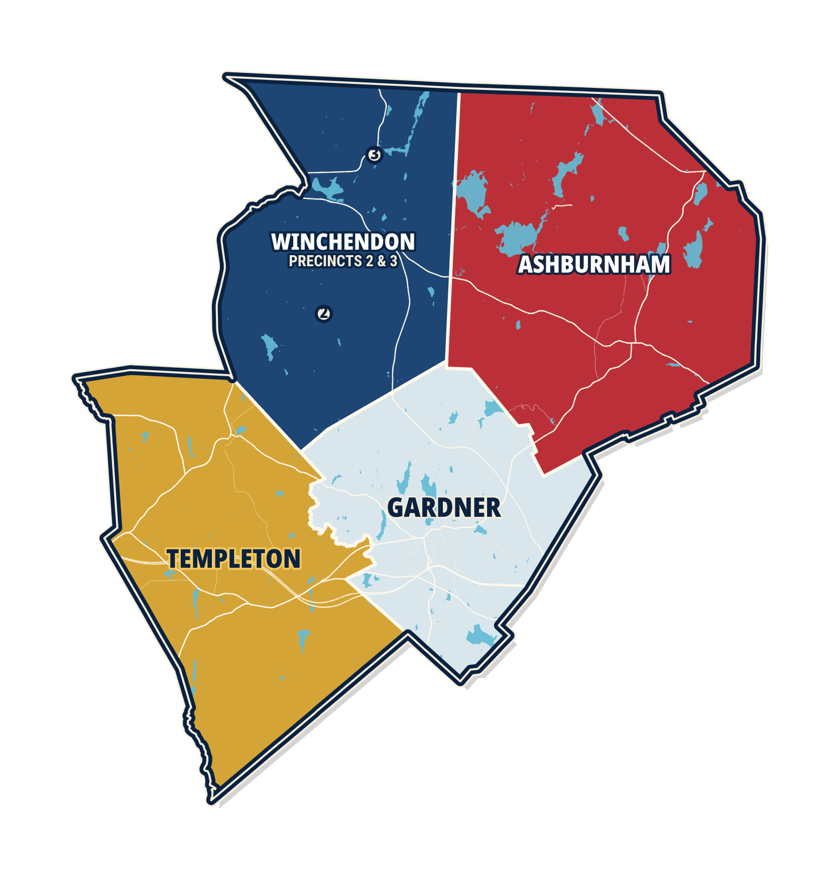 Map of the 2nd Worcester District showing Gardner, Ashburnham, Templeton, and Winchendon Precincts 2 & 3