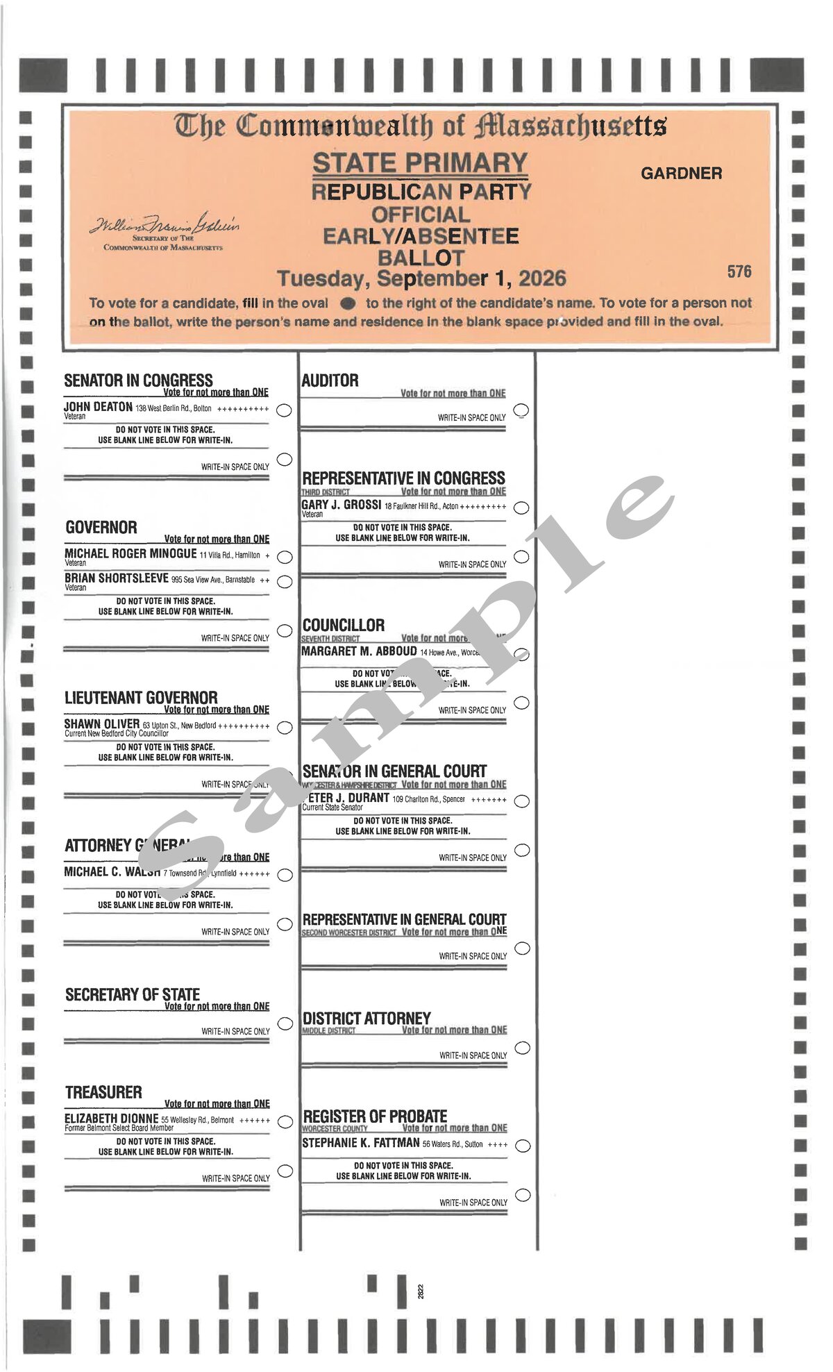 Sample Republican State Primary early/absentee ballot for Gardner, showing the write-in line for Representative in General Court, 2nd Worcester District